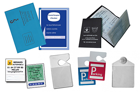 Personnalisation de pochettes publicitaires pour véhicules, constat  amiable, vignette assurance, carte grise auto, Paris - France